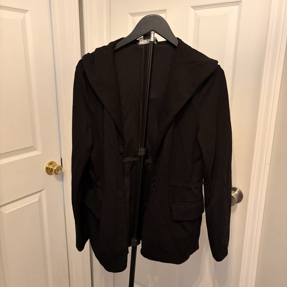 Rachel Zoe Black Ponte Stretch Hooded Blazer Jacket Med Minimalist Modern EUC